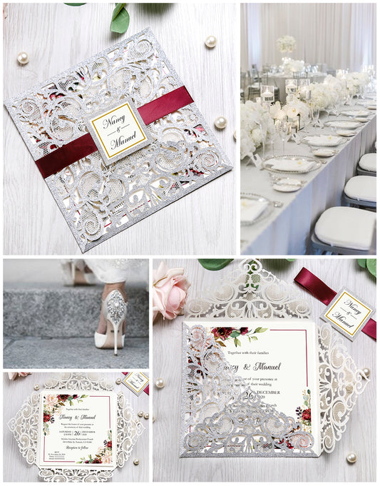 DreamBuilt Square Glitter Sliver Wedding Invitations with Burgundy Ribbon Belly Band for Wedding