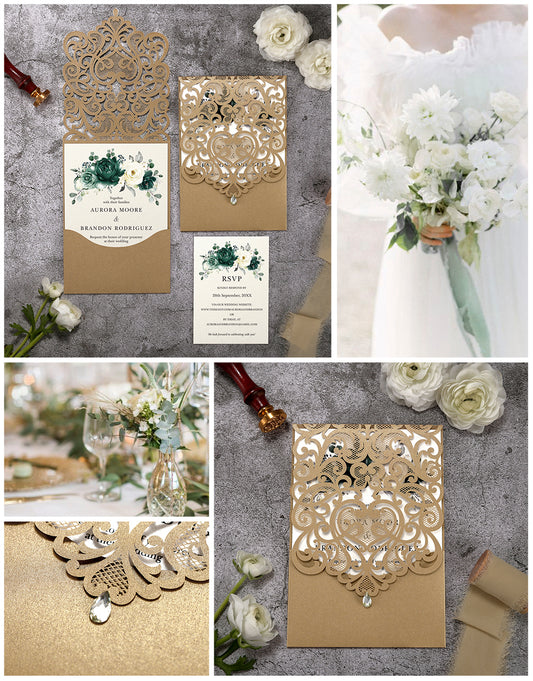 Vertical Green Floral Laser cut invitations for Wedding Anniversary