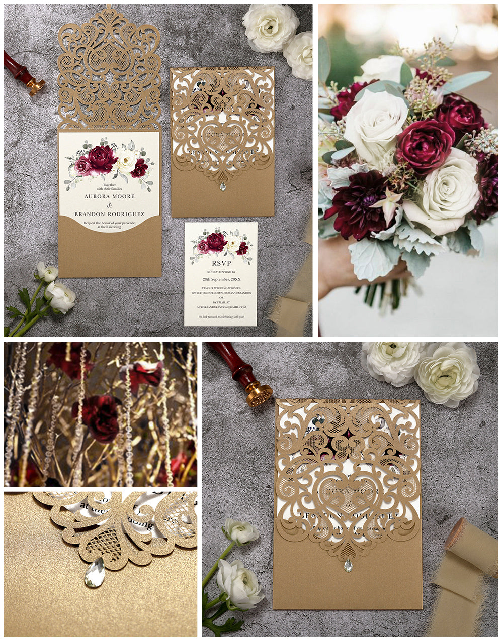 Vertical Burgundy Floral Laser cut invitations for Wedding Anniversary