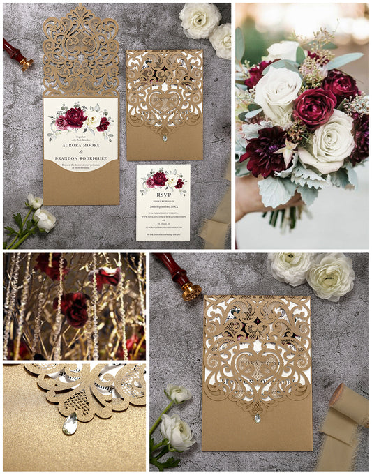 Vertical Burgundy Floral Laser cut invitations for Wedding Anniversary