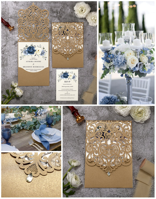 Vertical Blue Floral Laser cut invitations for Wedding Anniversary