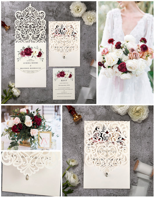 Vertical Burgundy Floral Laser cut invitations for Wedding Anniversary