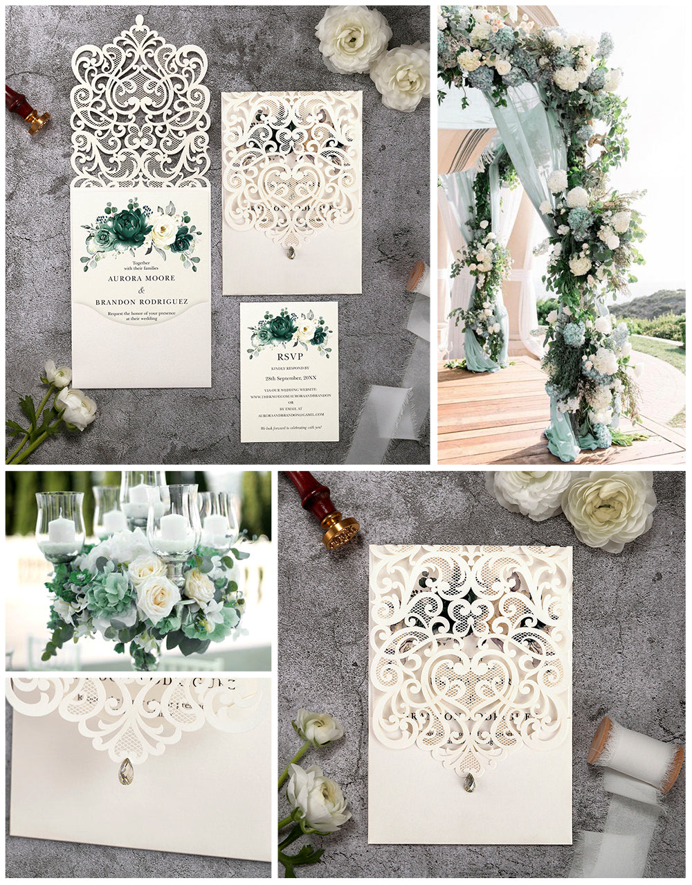 Vertical Green Floral Laser cut invitations for Wedding Anniversary