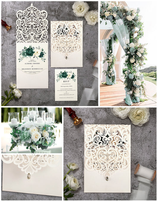 Vertical Green Floral Laser cut invitations for Wedding Anniversary