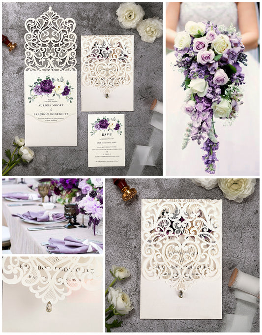 Vertical Purple Floral Laser cut invitations for Wedding Anniversary