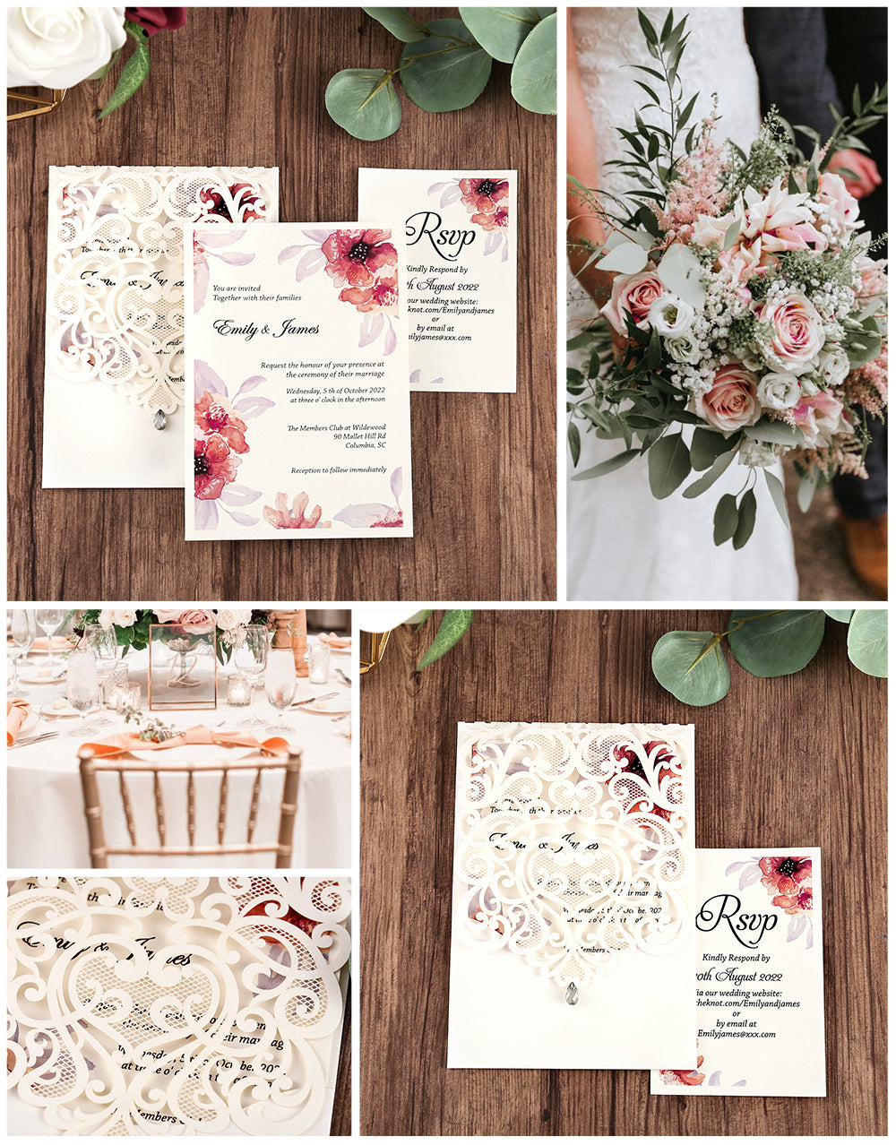 Vertical Ivory White Wedding Invitation With Rhinestone & Laser Cut Flower