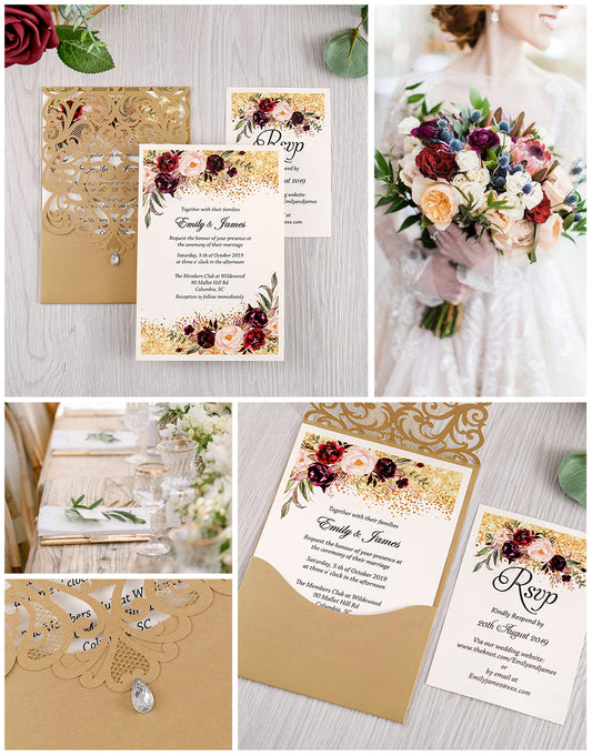 Gold Wedding Invitation With Rhinestone & Laser Cut Flower