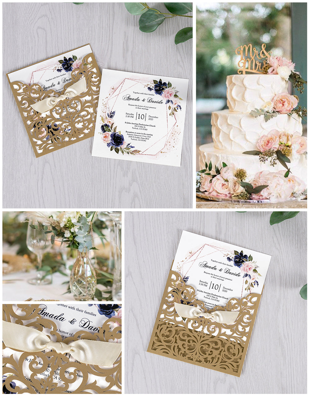 Gold Laser Cut Beige Ribbon Wedding Invitation