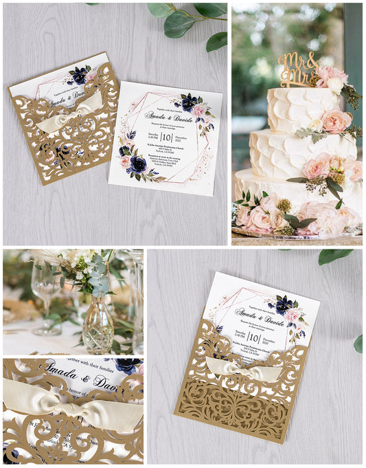 Gold Laser Cut Beige Ribbon Wedding Invitation