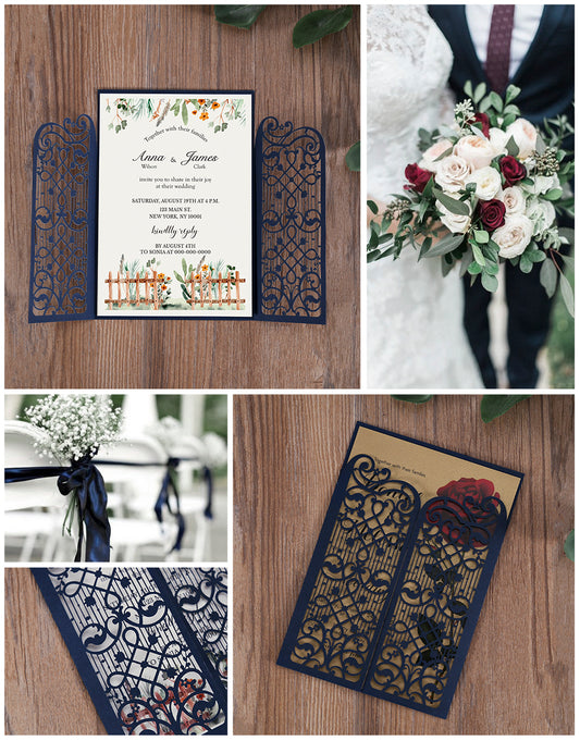 Vertical Navy Blue Elegant Wedding Invitation With Laser Cut Flower, CW5102