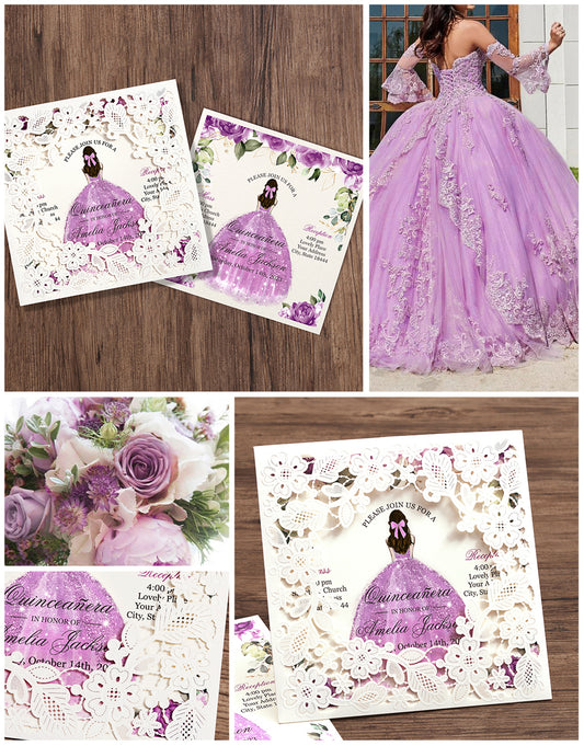 Customized Quinceanera Invitation Lilac, Elegant 15 years Invitations Sweet 16, Miss XV, Birthday Laser Cut Quince Invitation Cards White Personalized