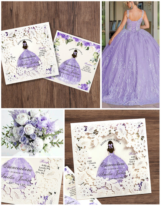 Customized Quinceanera Invitation Lavender, Elegant 15 years Invitations Sweet 16, Miss XV, Birthday Laser Cut Quince Invitation Cards White Personalized