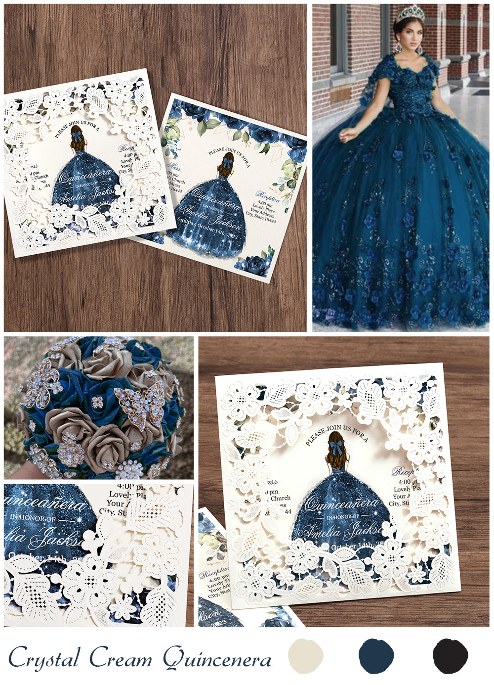 Customized Quinceanera Invitation Navy Blue, Elegant 15 years Invitations Sweet 16, Miss XV, Birthday Laser Cut Quince Invitation Cards White Personalized