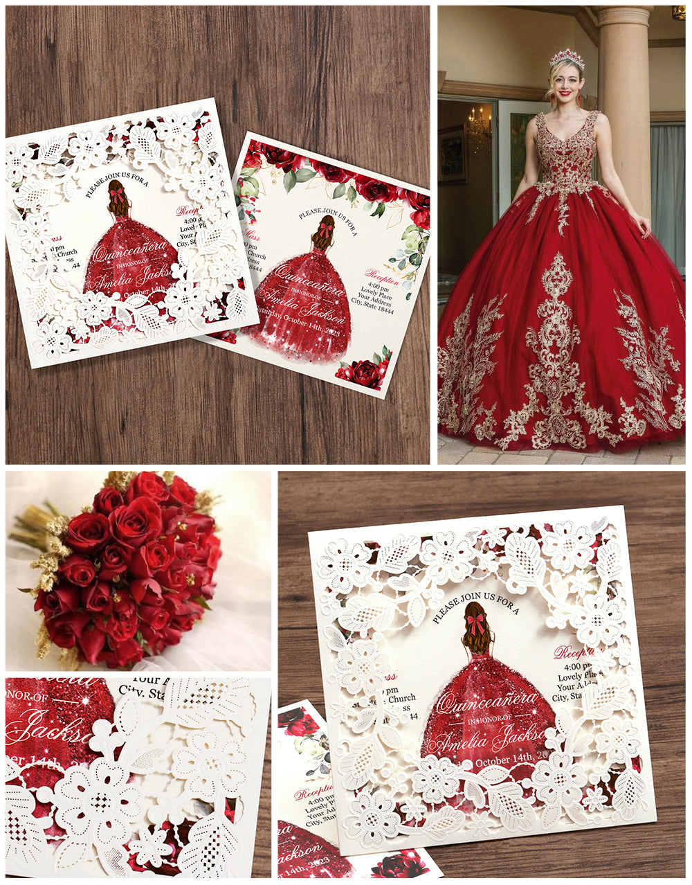 Customized Quinceanera Invitation Red, Elegant 15 years Invitations Sweet 16, Miss XV, Birthday Laser Cut Quince Invitation Cards White Personalized