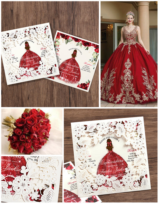 Customized Quinceanera Invitation Red, Elegant 15 years Invitations Sweet 16, Miss XV, Birthday Laser Cut Quince Invitation Cards White Personalized