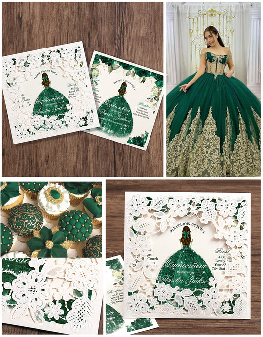 Customized Quinceanera Invitation Emerald Green, Elegant 15 years Invitations Sweet 16, Miss XV, Birthday Laser Cut Quince Invitation Cards White Personalized