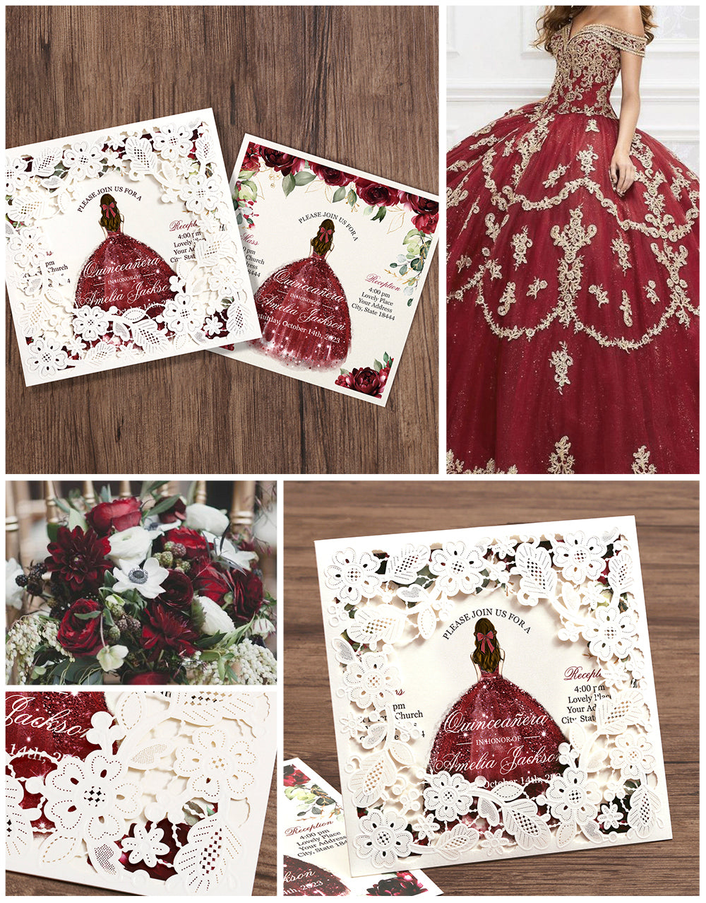 Customized Quinceanera Invitation Burgundy, Elegant 15 years Invitations Sweet 16, Miss XV, Birthday Laser Cut Quince Invitation Cards White Personalized