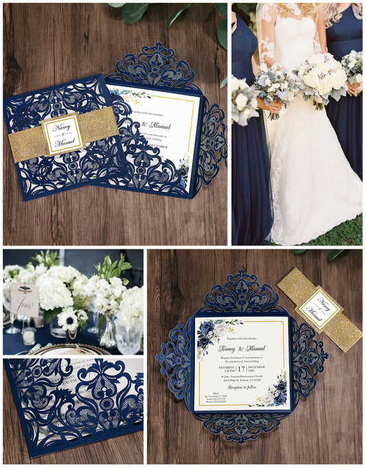 Square Blue Wedding Invitations for Wedding, Bridal Shower, Dinner, Party