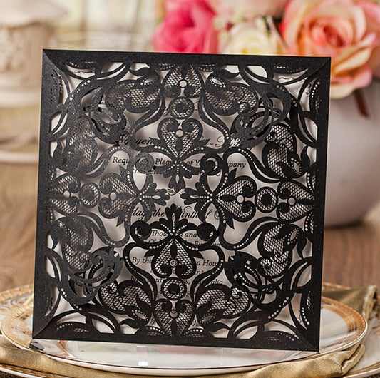 Square Black Lase-cut Lace Flower Pattern Wedding Invitations