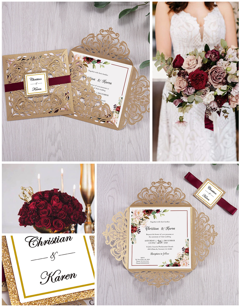 Square Gold Laser Cut Lace Flower Invitations Cards
