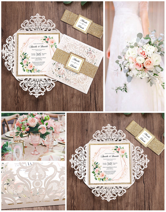 Square Gold Wedding Invitations for Wedding, Bridal Shower, Dinner, Party