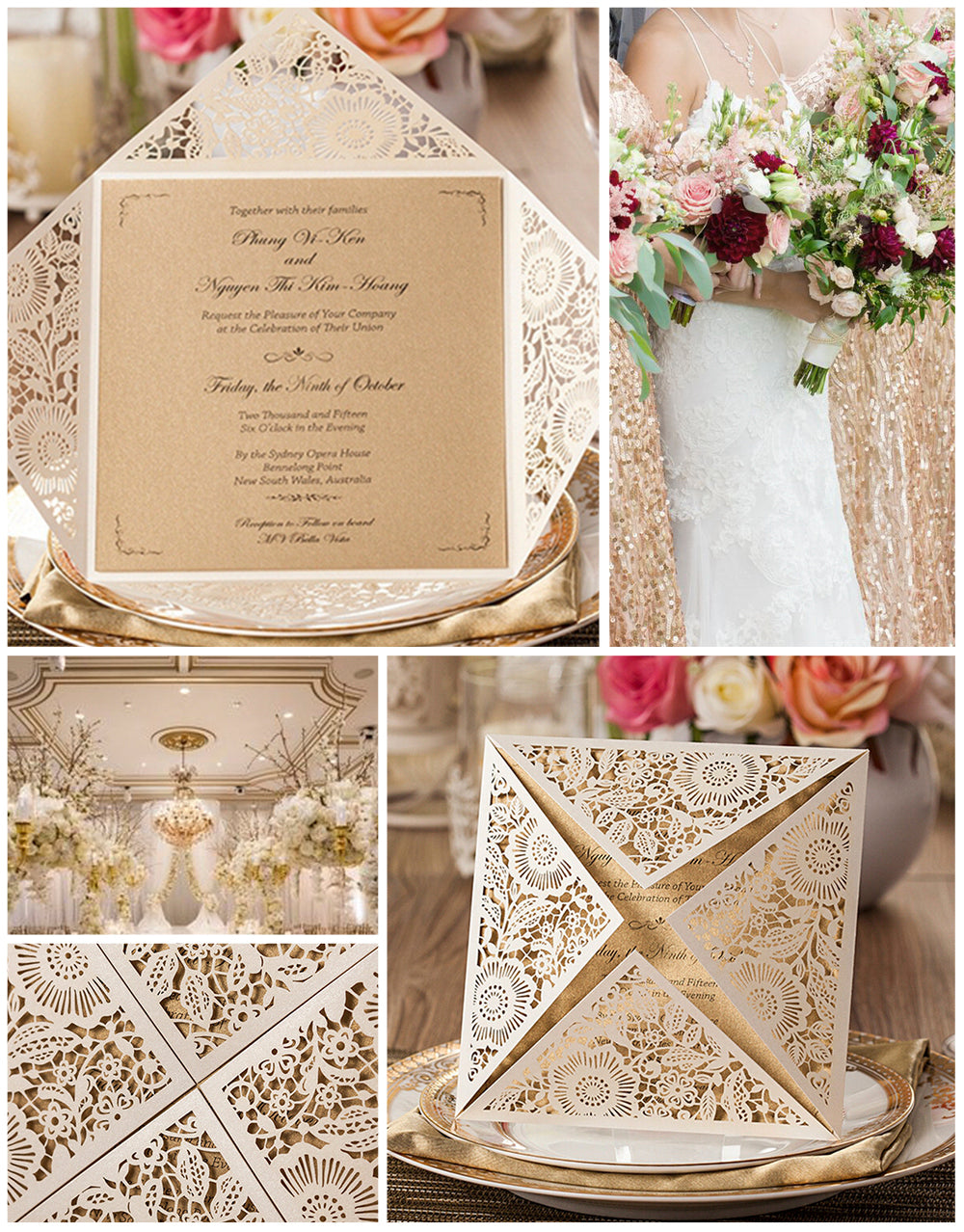 Square Gold Lase-cut Lace Flower Pattern Wedding Invitations