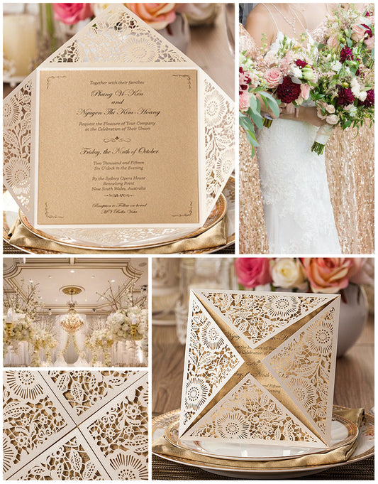 Square Gold Lase-cut Lace Flower Pattern Wedding Invitations