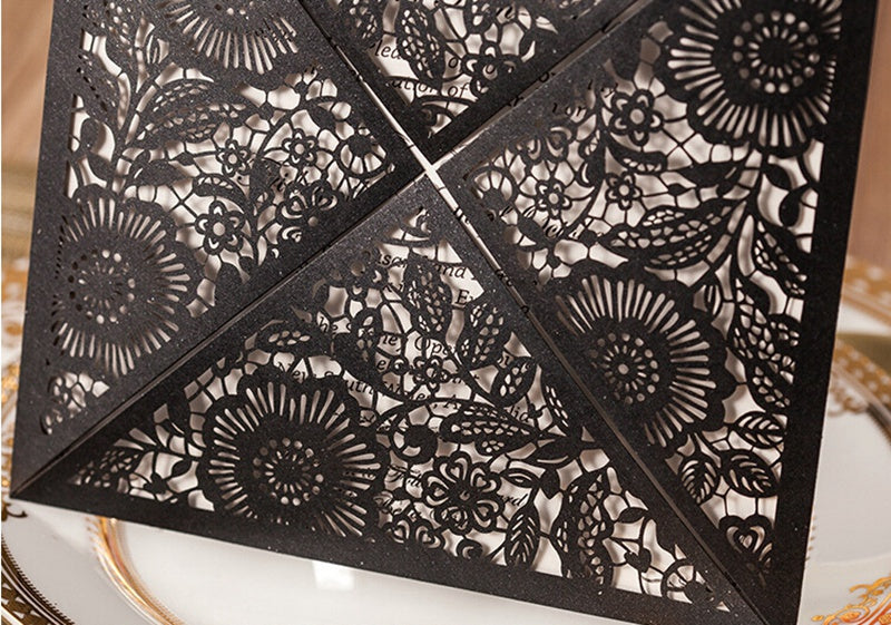 Square Black Lase-cut Lace Flower Pattern Wedding Invitations