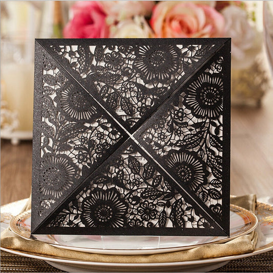 Square Black Lase-cut Lace Flower Pattern Wedding Invitations