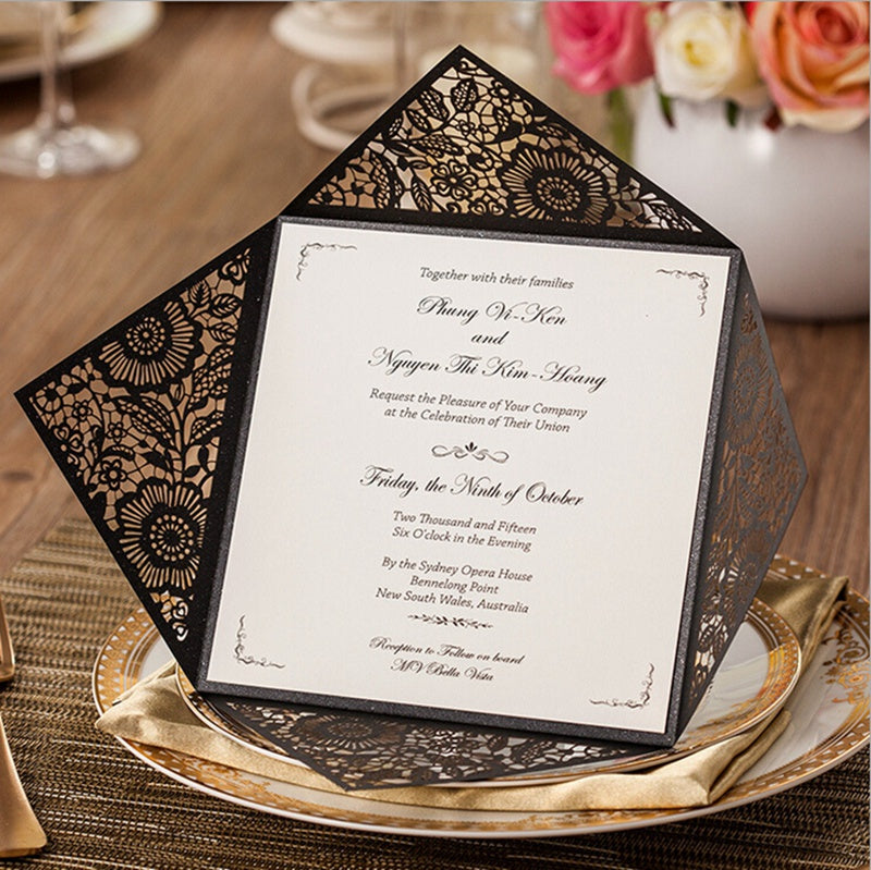 Square Black Lase-cut Lace Flower Pattern Wedding Invitations