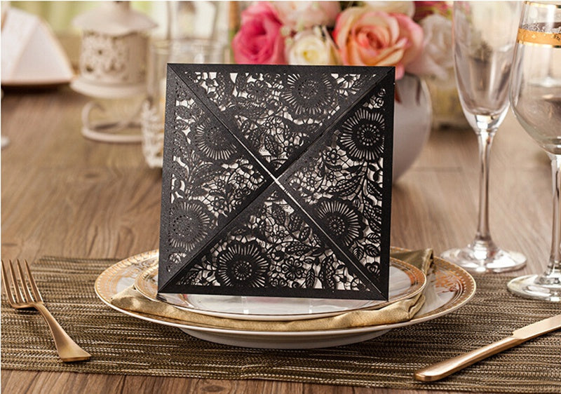 Square Black Lase-cut Lace Flower Pattern Wedding Invitations