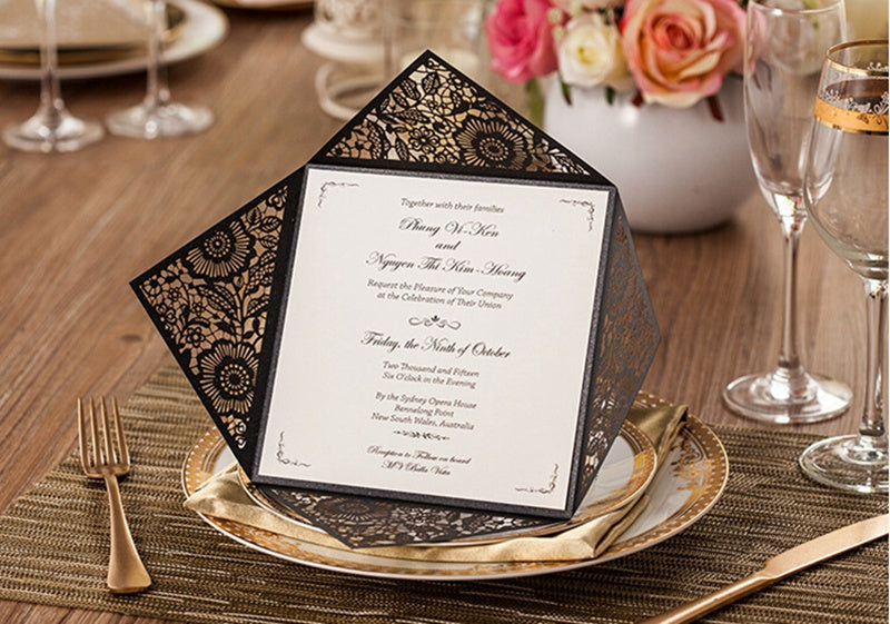 Square Black Lase-cut Lace Flower Pattern Wedding Invitations
