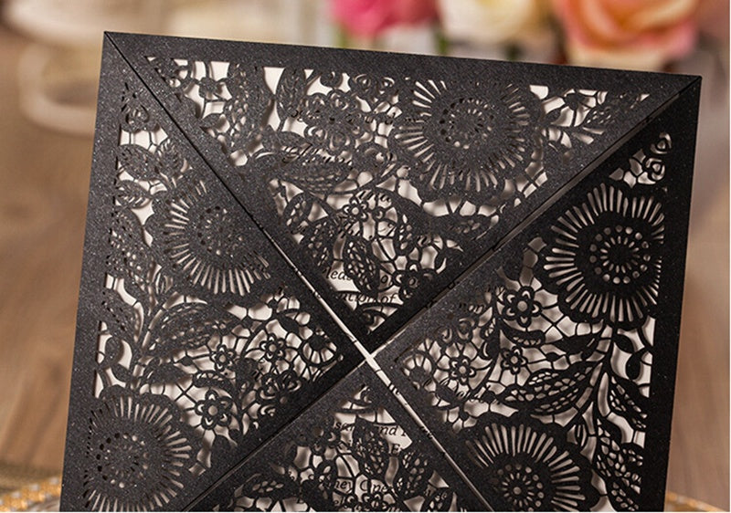 Square Black Lase-cut Lace Flower Pattern Wedding Invitations
