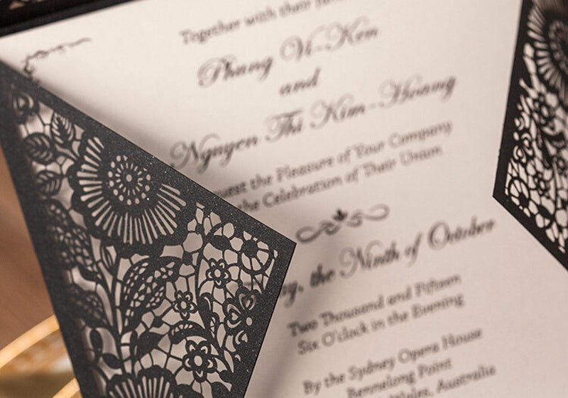 Square Black Lase-cut Lace Flower Pattern Wedding Invitations