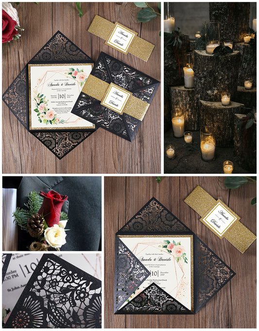 Square Black Lase-cut Lace Flower Pattern Wedding Invitations