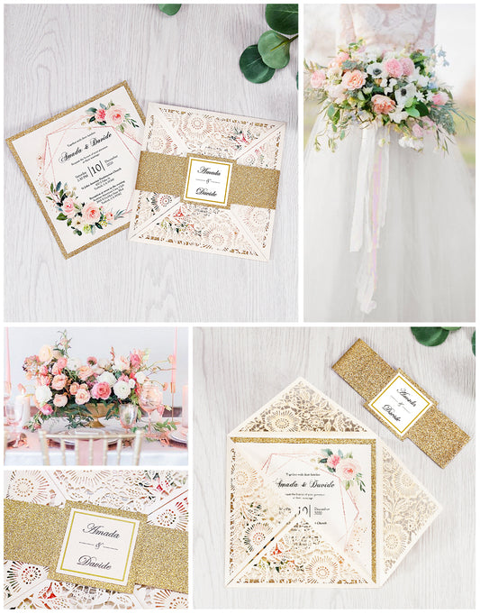 Square Ivory Lase-cut Lace Flower Pattern Wedding Invitations