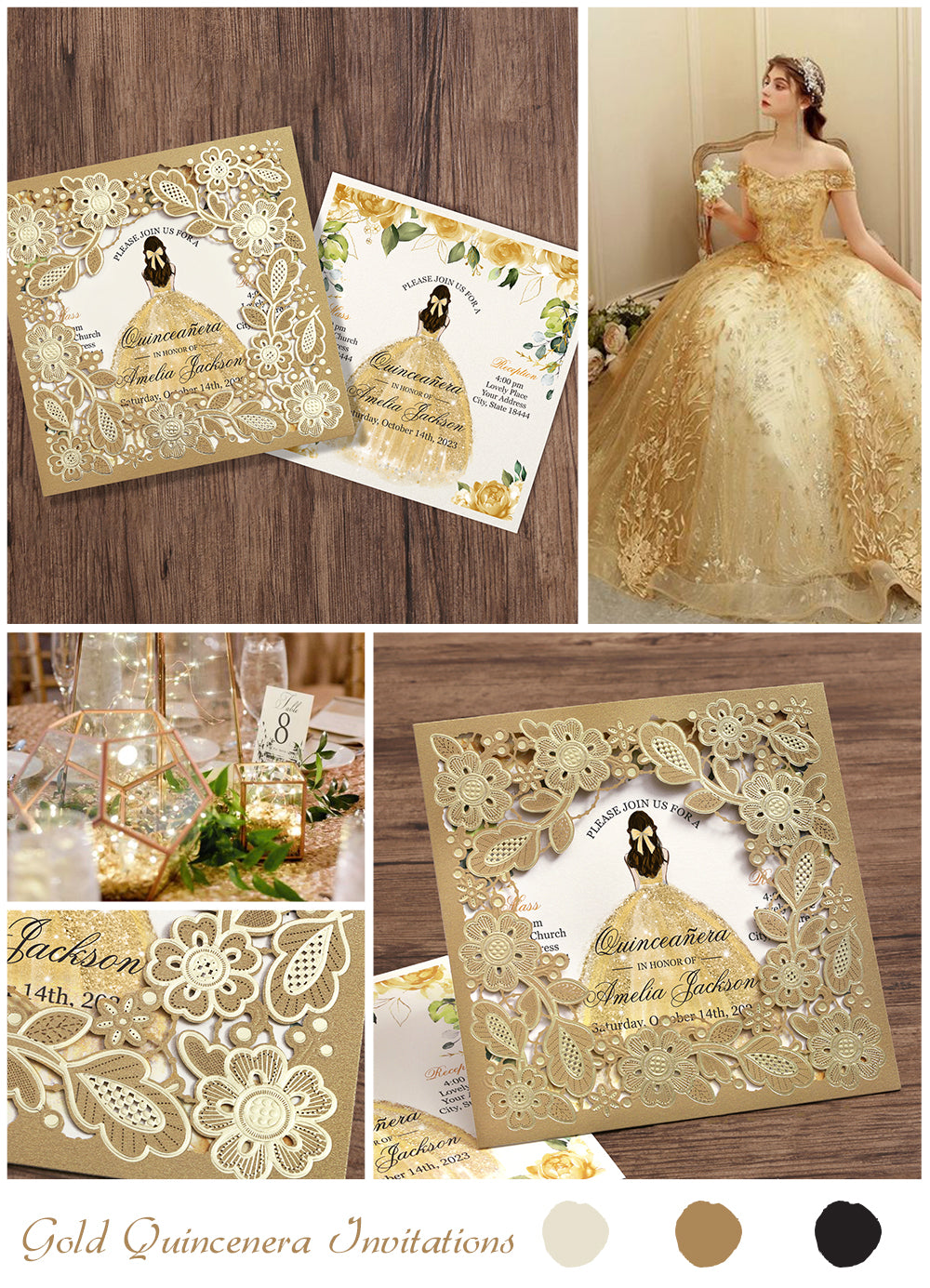 Customized Quinceanera Invitation Gold, Elegant 15 years Invitations Sweet 16, Miss XV, Birthday Laser Cut Quince Invitation Cards Gold Personalized