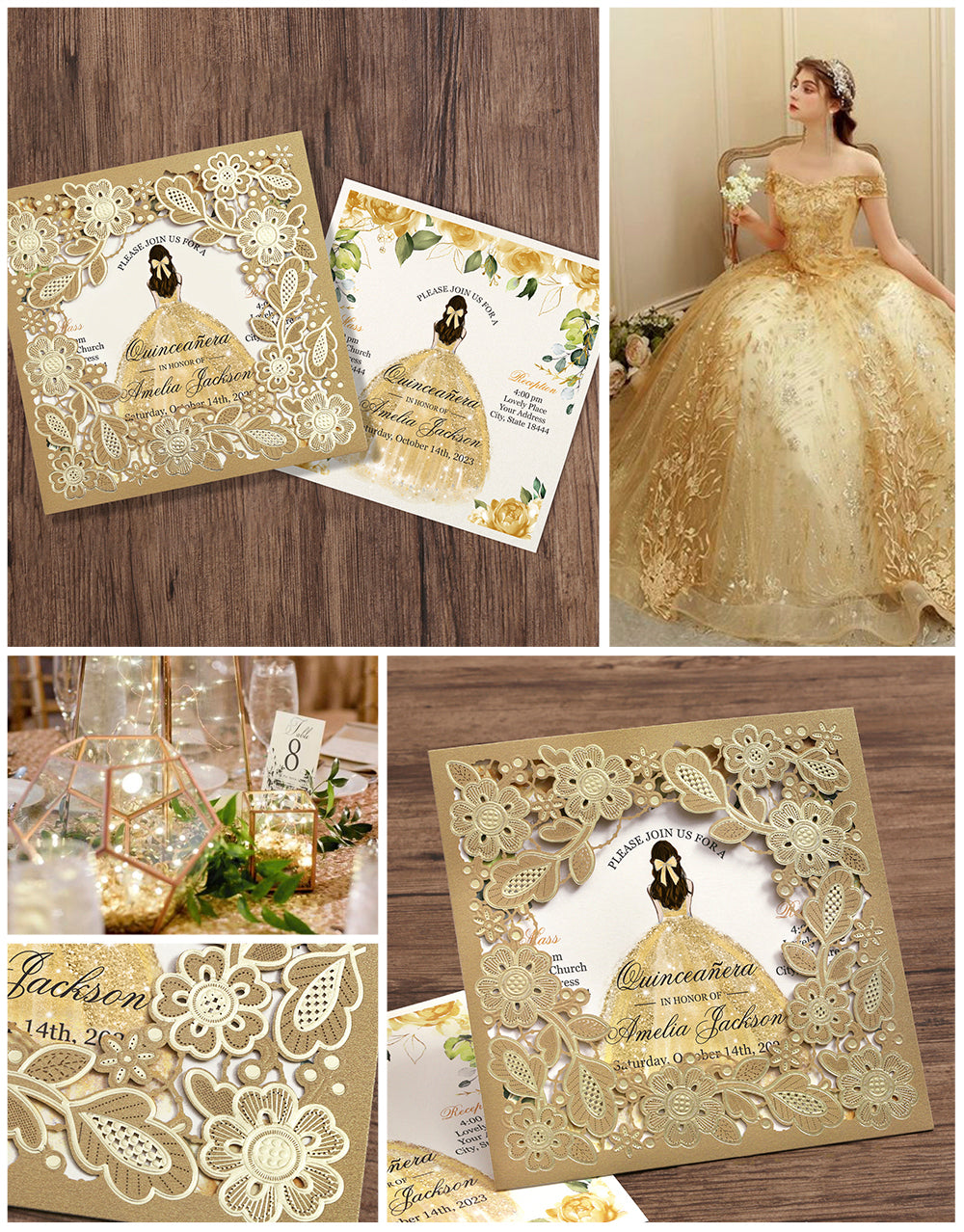 Customized Quinceanera Invitation Gold, Elegant 15 years Invitations Sweet 16, Miss XV, Birthday Laser Cut Quince Invitation Cards Gold Personalized