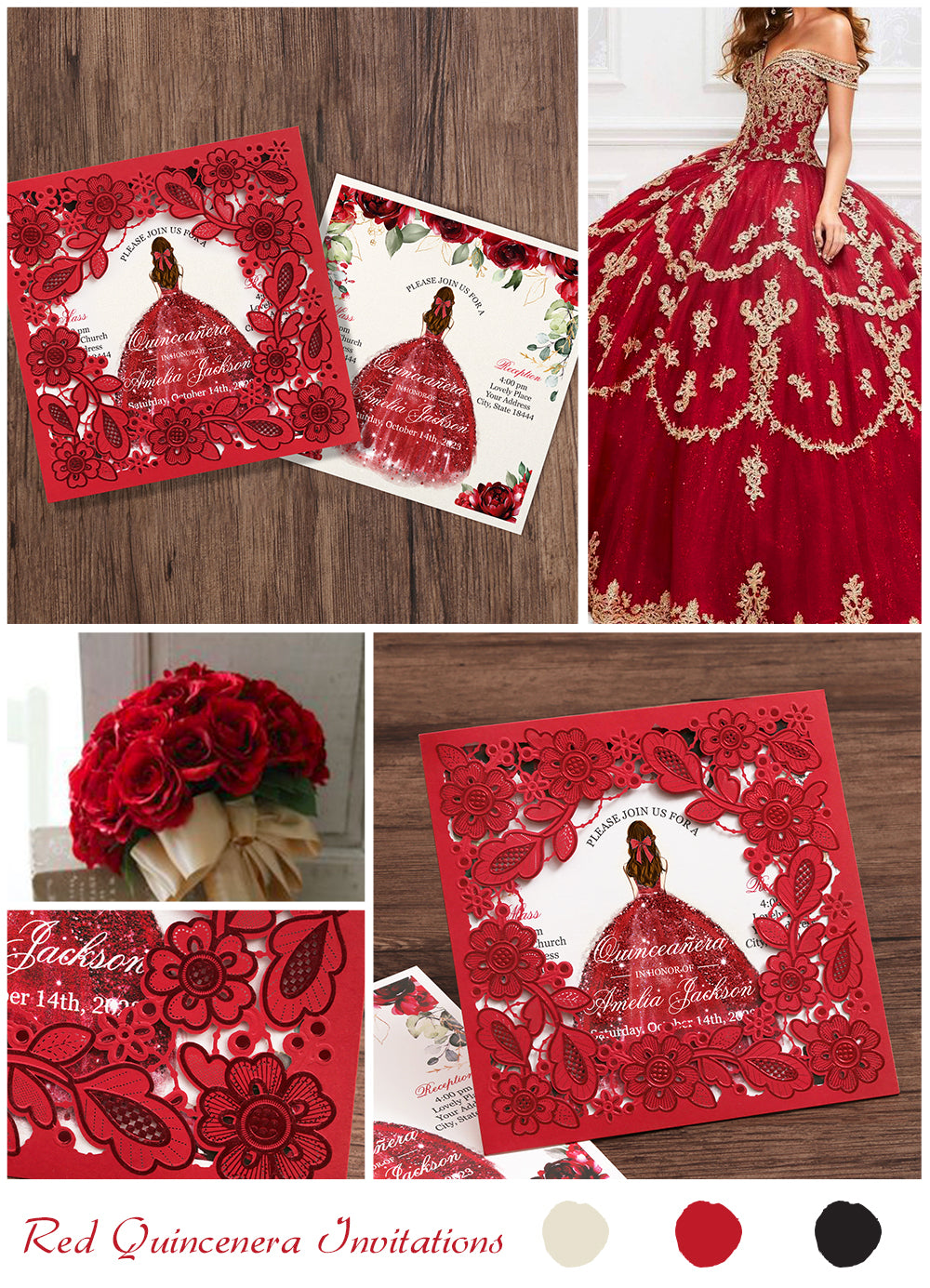 Customized Quinceanera Invitation Red, Elegant 15 years Invitations Sweet 16, Miss XV, Birthday Laser Cut Quince Invitation Cards Red Personalized