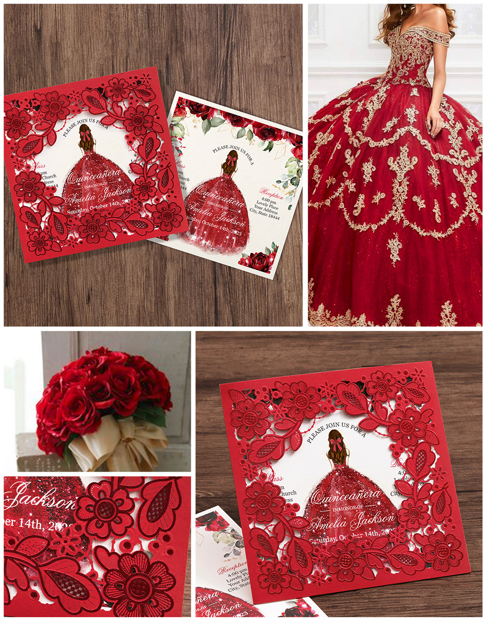 Customized Quinceanera Invitation Red, Elegant 15 years Invitations Sweet 16, Miss XV, Birthday Laser Cut Quince Invitation Cards Red Personalized