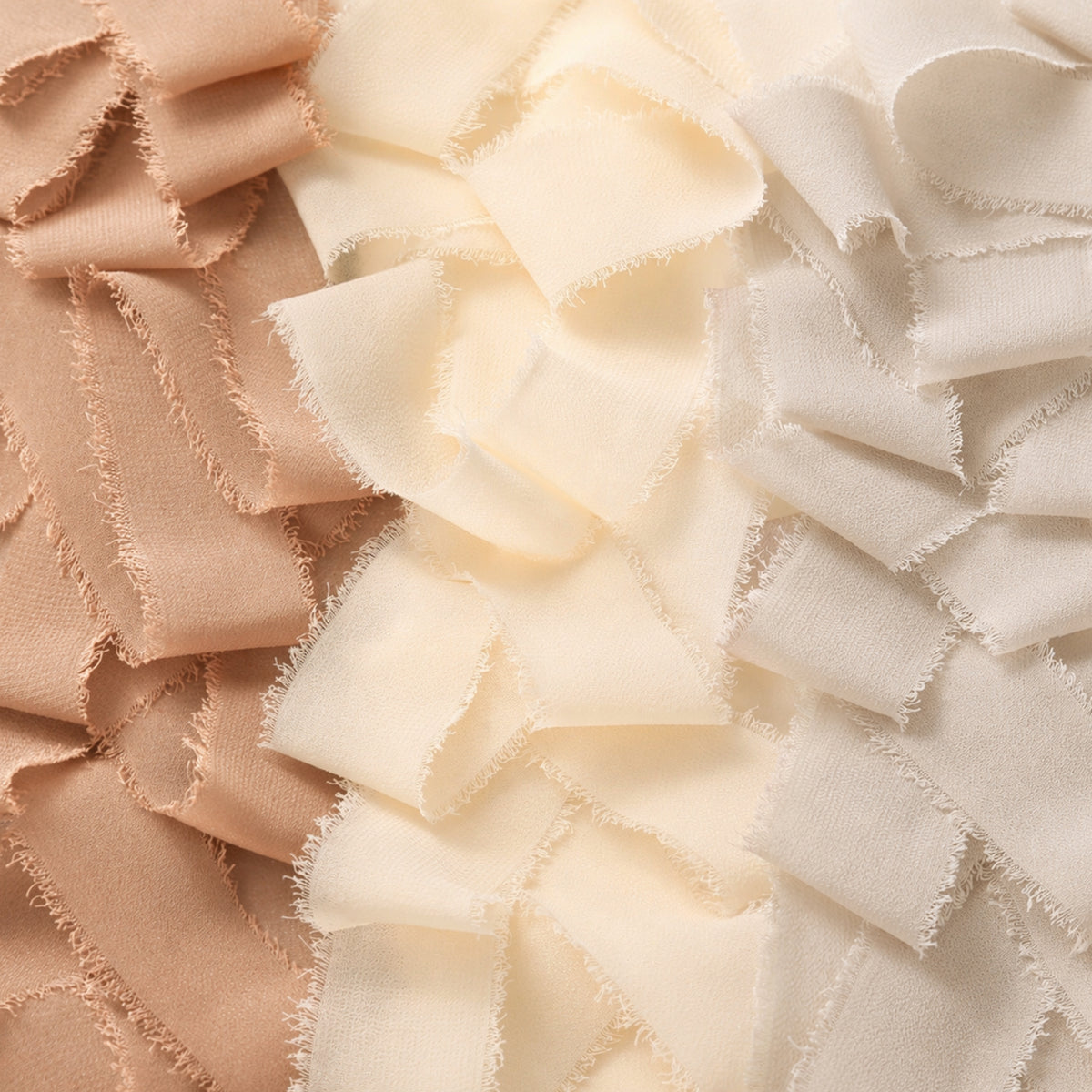 Handmade Fringe Chiffon Silk-Like Ribbon 2" x 7Yd Set of 3 Rolls Ribbons for Wedding Invitations, Bouquets, Gift Wrapping (3 Rolls Nude/Cream/Sand Color)