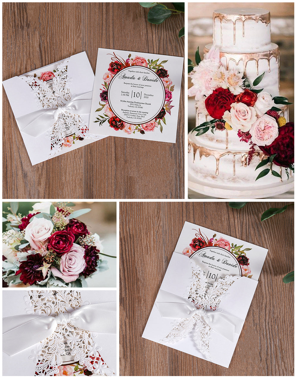 Laser cut Ivory White Hollow Flora Wedding Invitation with Bowknot