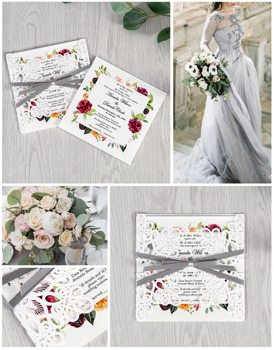 White Laser Cut with Gray Bowknot wedding invitation