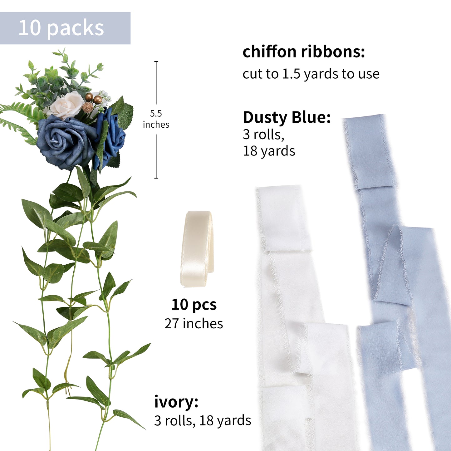 Wedding Aisle Decorations Blue Pew Flowers Set of 10 for Wedding Ceremony Party Chair Decor with Artificial Flowers Eucalyptus and Ribbons