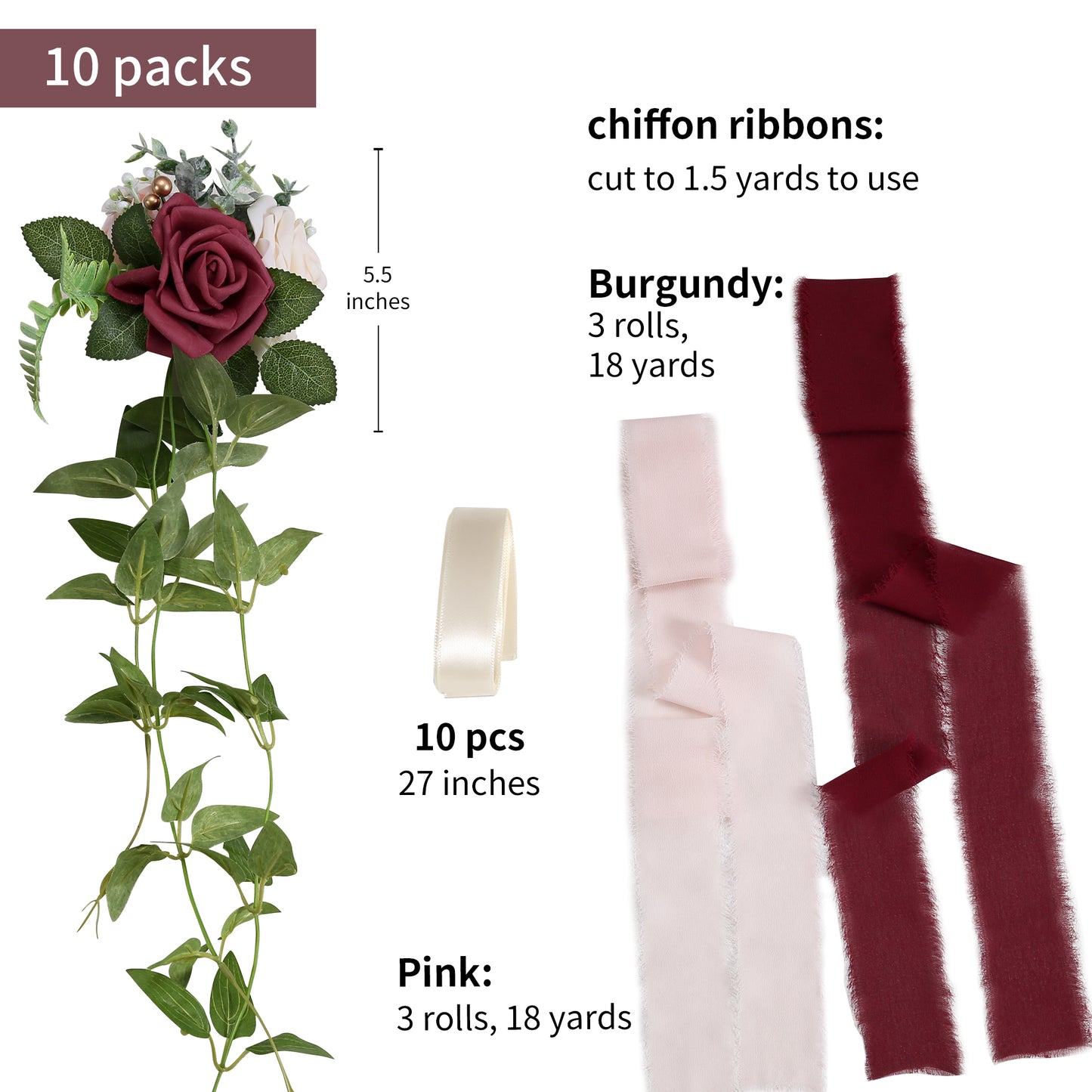 Wedding Aisle Decorations Burgundy Pew Flowers Set of 10 for Wedding Ceremony Party Chair Decor with Artificial Flowers Eucalyptus and Ribbons