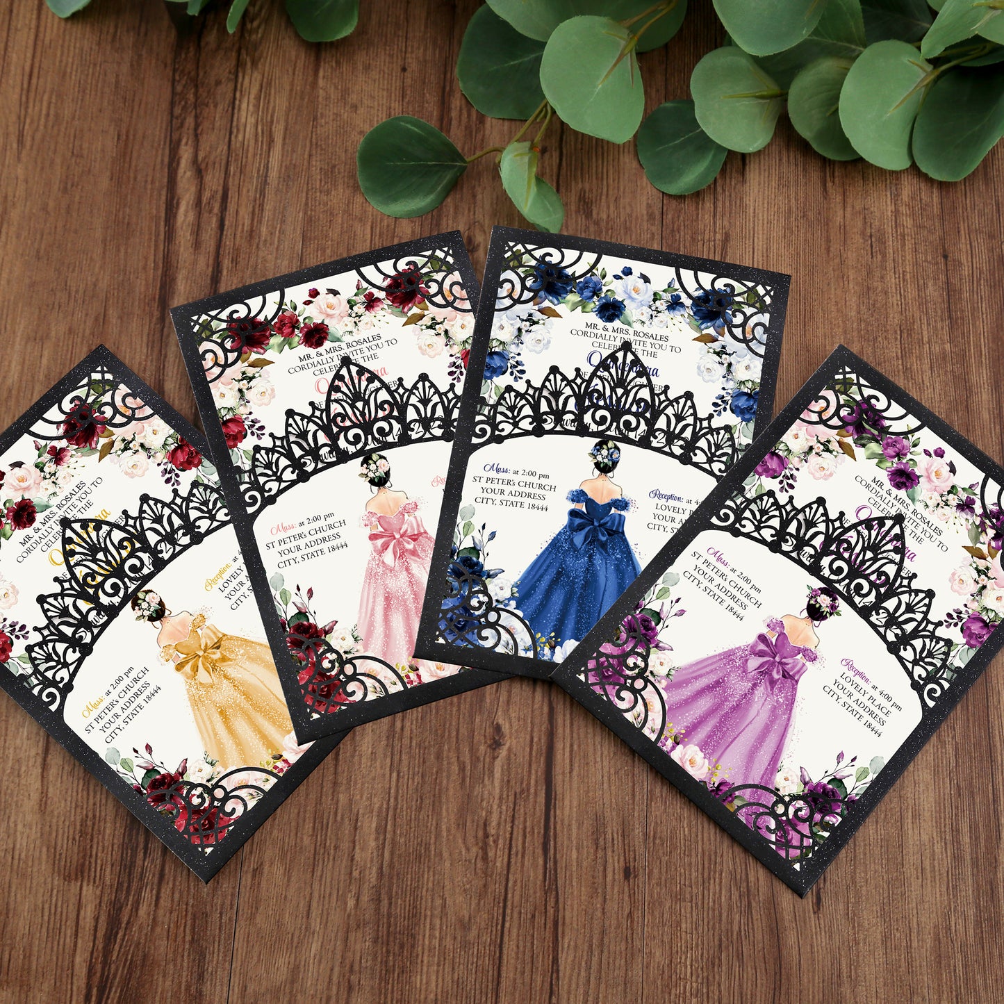 Pearlized Black Invitations Purple Greeting Cards For Quinceanera
