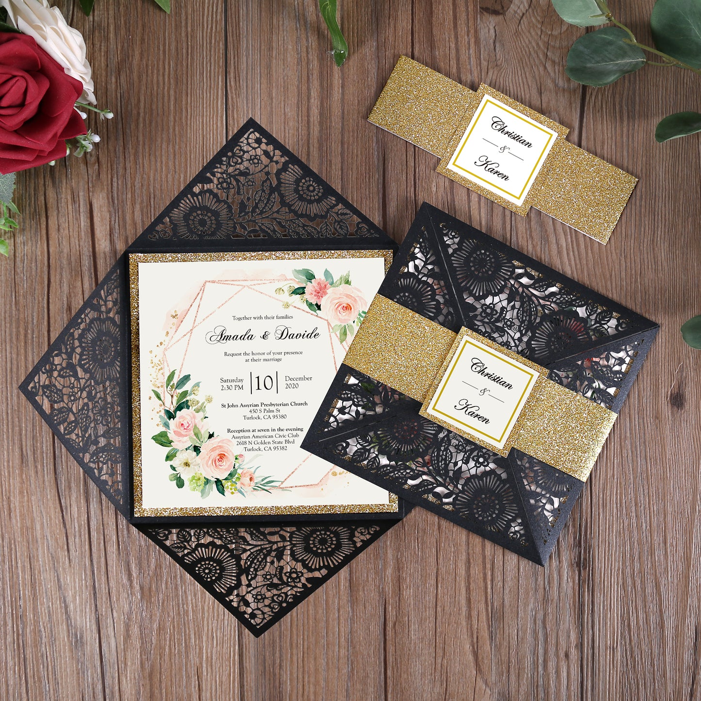 Square Black Lase-cut Lace Flower Pattern Wedding Invitations