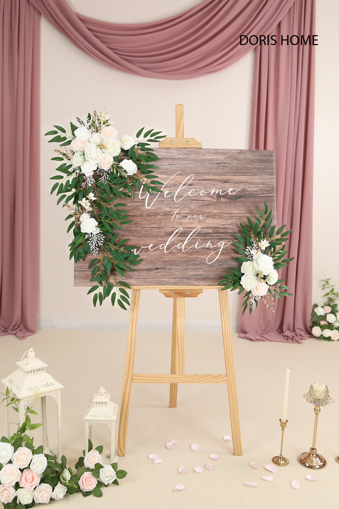 DORIS HOME Artificial Flower Swag White and Pink for Wedding Ceremony Sign Floral Decoration - Pack of 2