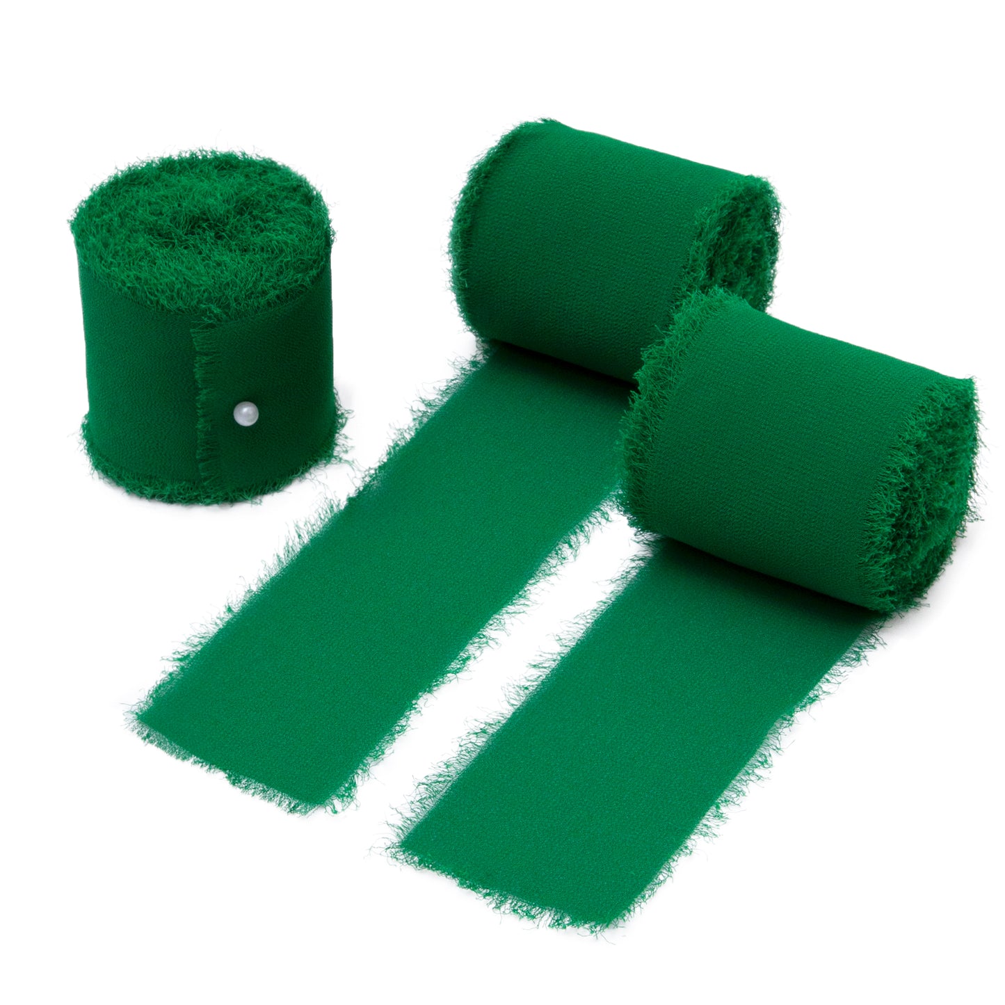 Handmade Fringe Chiffon Silk-Like Ribbon 2" x 7Yd Set of 3 Rolls Ribbons for Wedding Invitations, Bouquets, Gift Wrapping (3 Rolls Green)