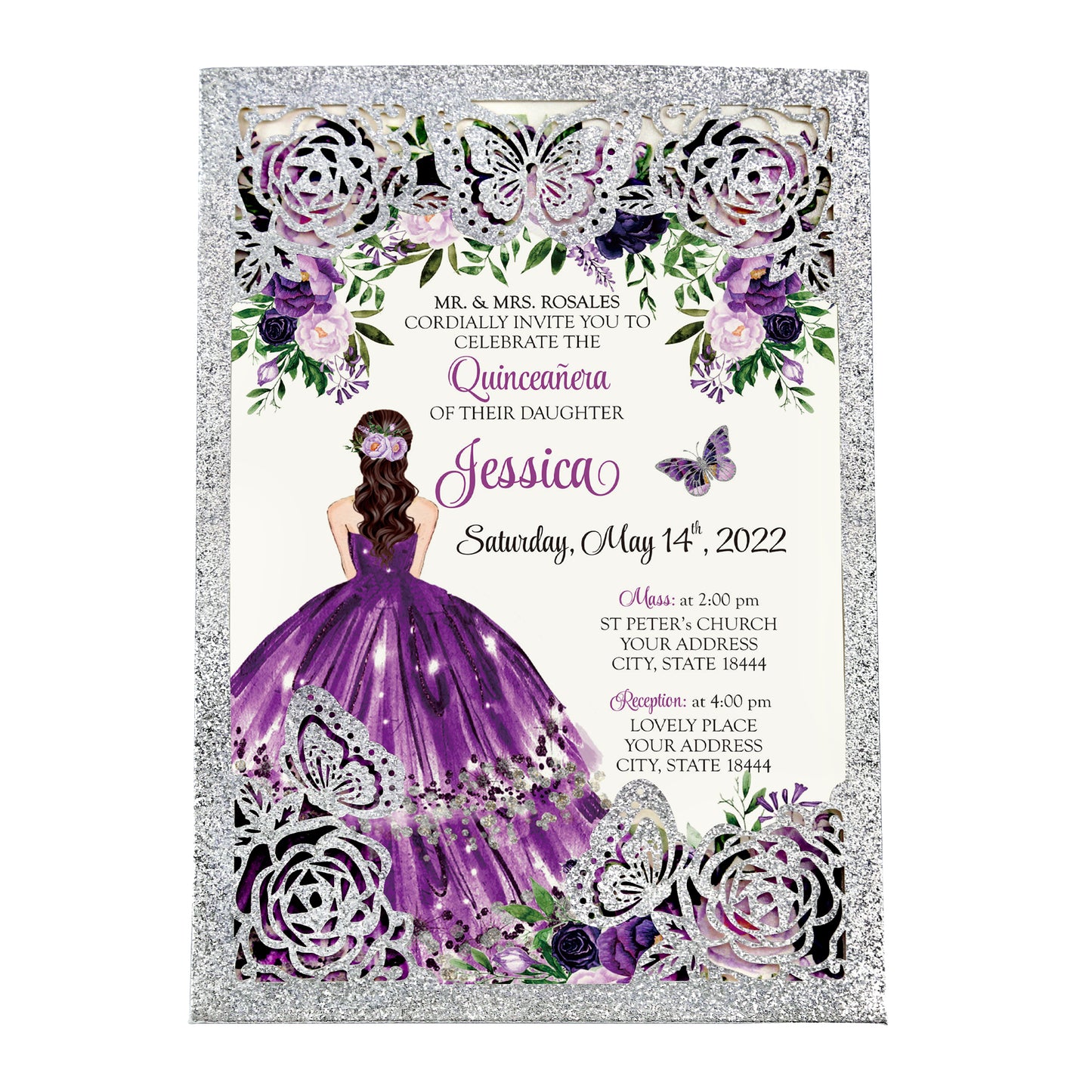 Silver with Hollow Butterflies Invitations Greeting Cards For Quinceanera